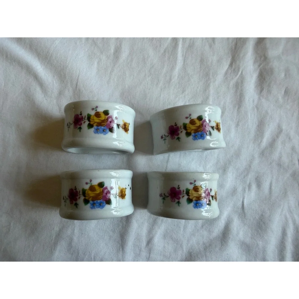 Vintage Genuine Porcelain Floral Napkin Rings D-Shape Set of 4 White Multicolor